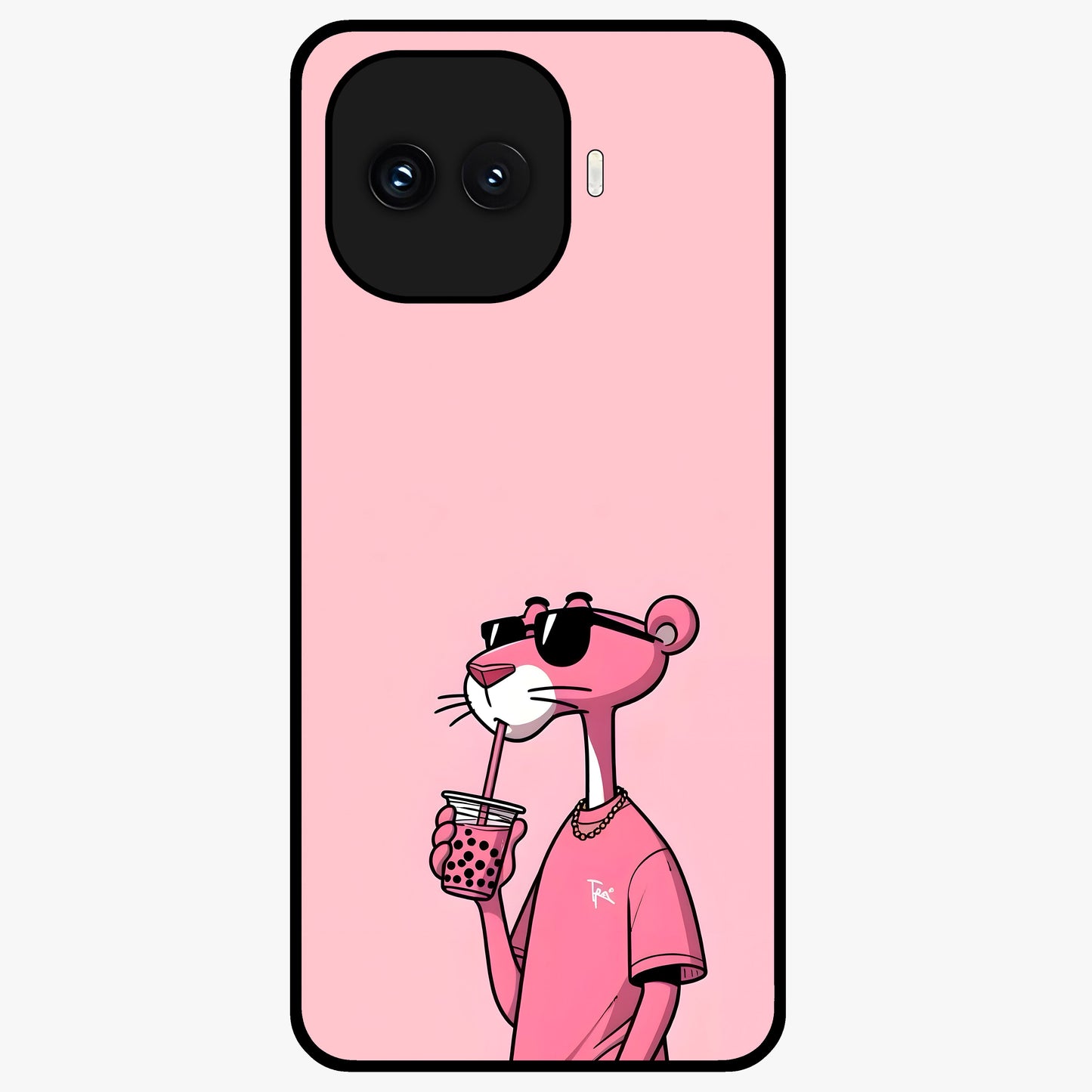 Pink Panther Glass Case showing flat back view with iconic pink panther artwork and glossy glass finish.