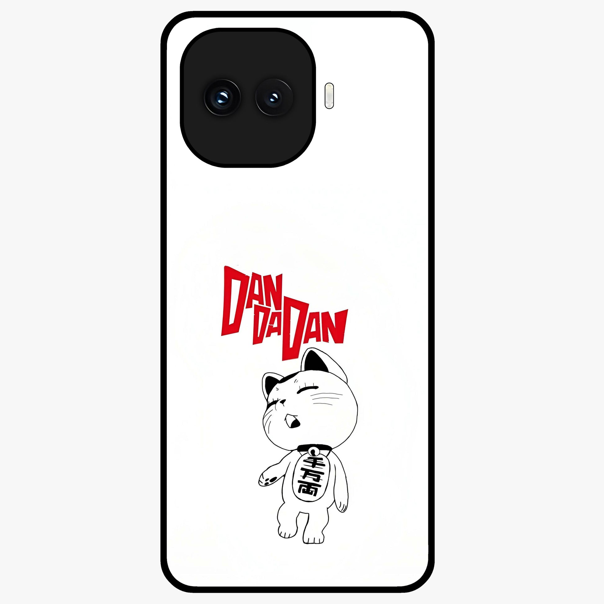 Playful Spirit Charm Glass Case showing flat back view with cheerful charm themed artwork and glossy glass finish.