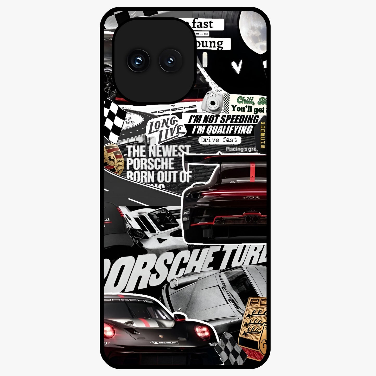 Porsche Racing Collage Glass Case showing flat back view with sports car racing collage artwork and glossy glass finish.