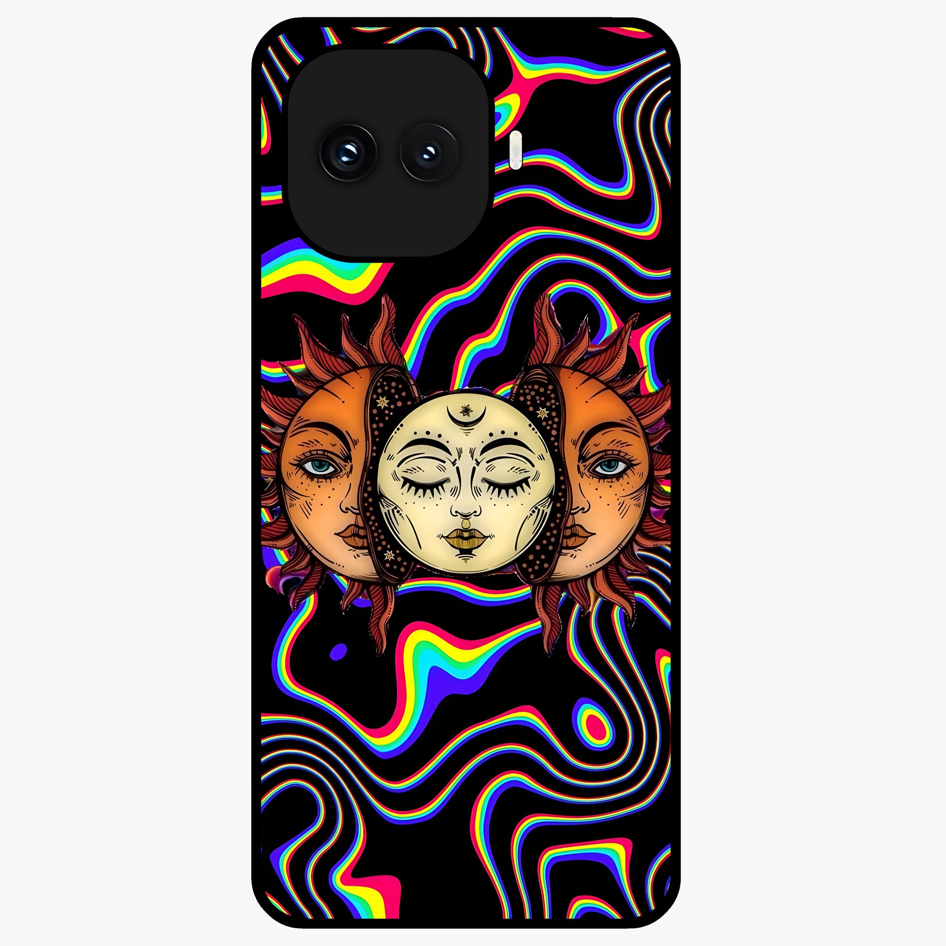 Psychedelic Sun Glass Case showing flat back view with colorful psychedelic sun artwork and glossy glass finish.