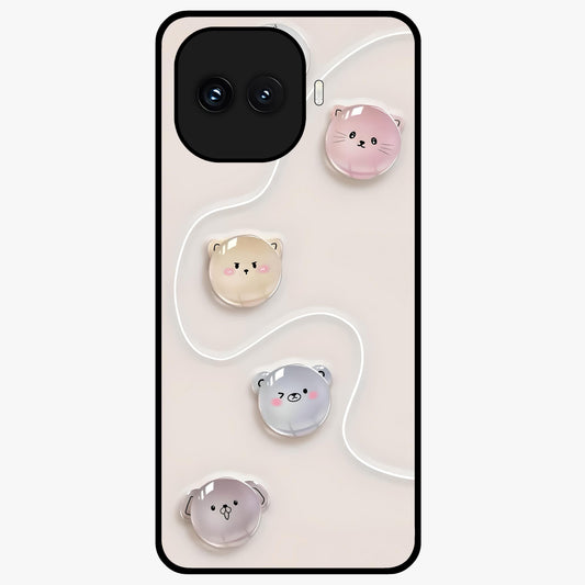 Puffy Face Parade Glass Case showing flat back view with cute puffy character faces artwork and glossy glass finish.