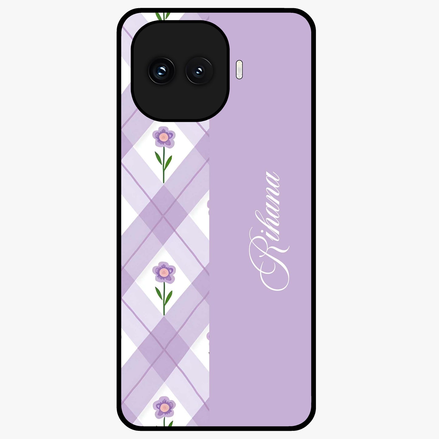 Purple Diamond Floral Glass Case showing flat back view with diamond shaped floral artwork and glossy glass finish.