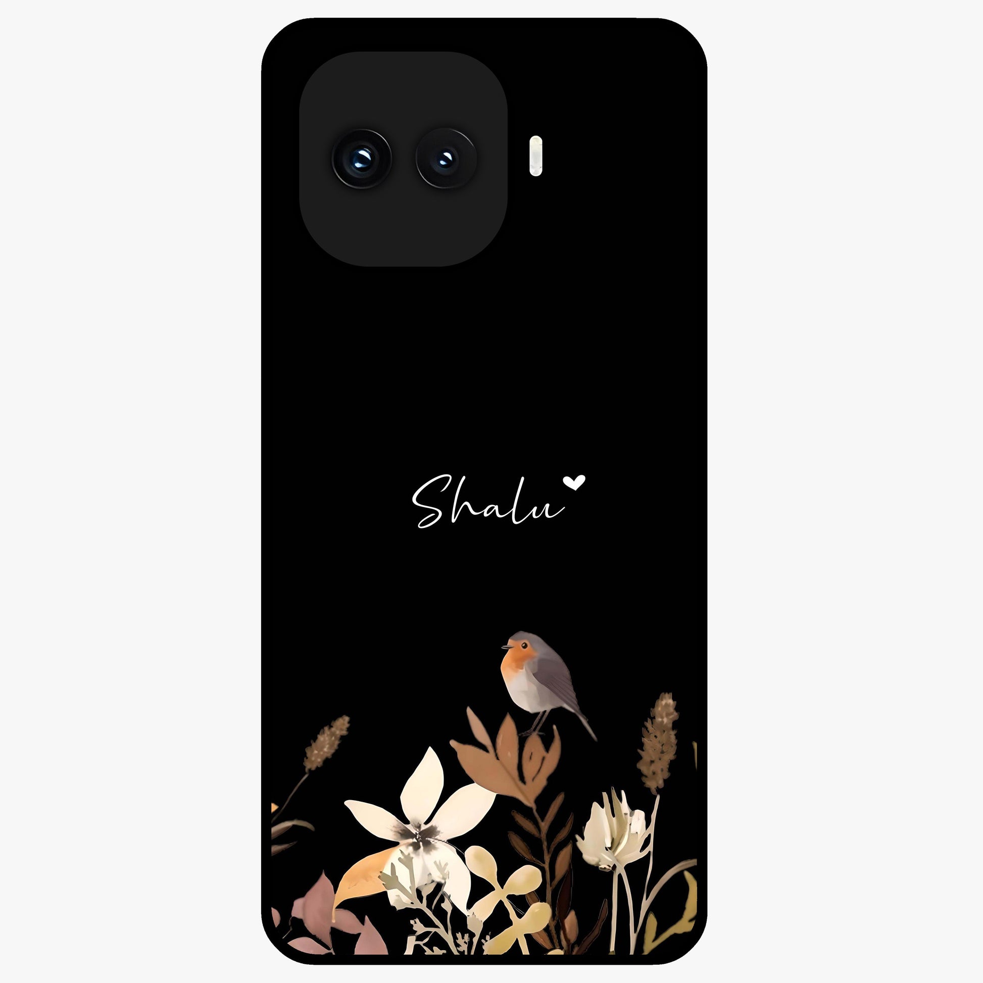 Quiet Garden Tune Custom Name Glass Case showing flat back view with peaceful garden artwork and personalized name design.