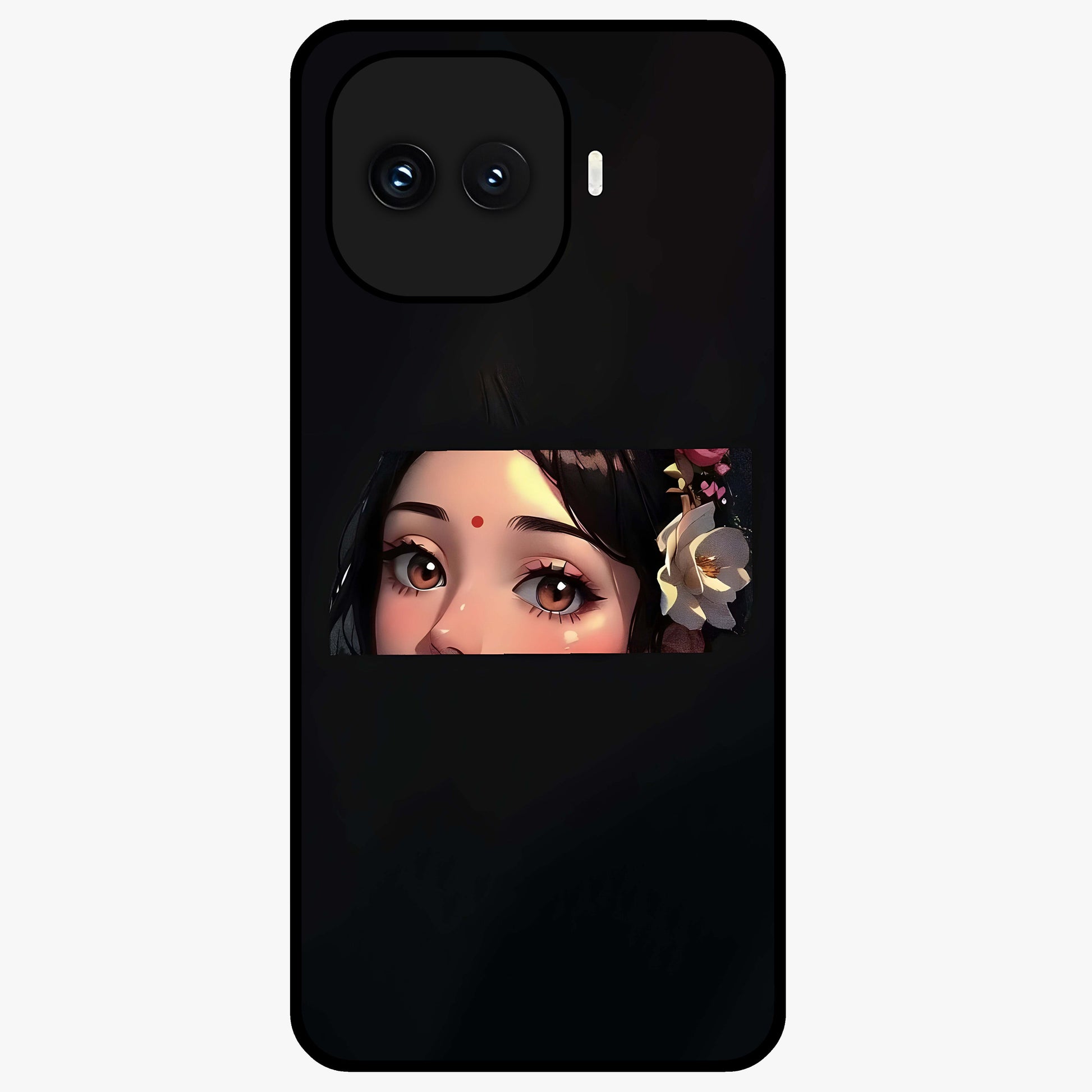 Radha Divine Embrace Glass Case showing flat back view with devotional Radha artwork and glossy glass finish.