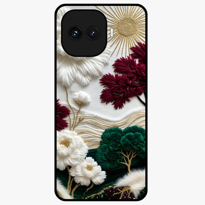Radiant Bloom Elegance Glass Case showing flat back view with elegant blooming flower artwork and glossy glass finish.