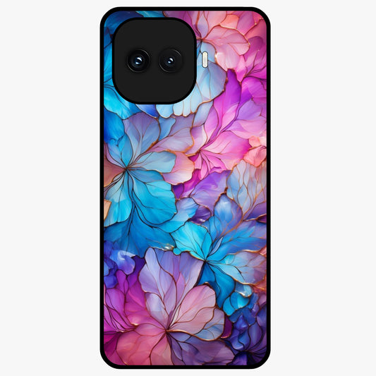 Radiant Floral Whirl Glass Case showing flat back view with swirling floral artwork and glossy glass finish.