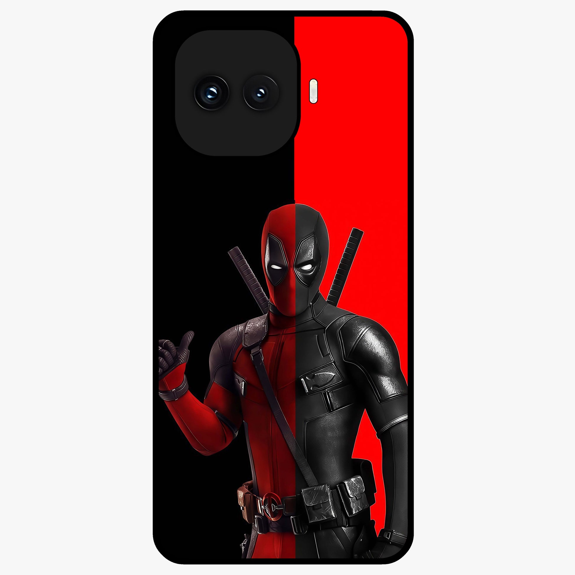 Red & Black Deadpool Theme Glass Case showing flat back view with bold comic inspired artwork and glossy glass finish.