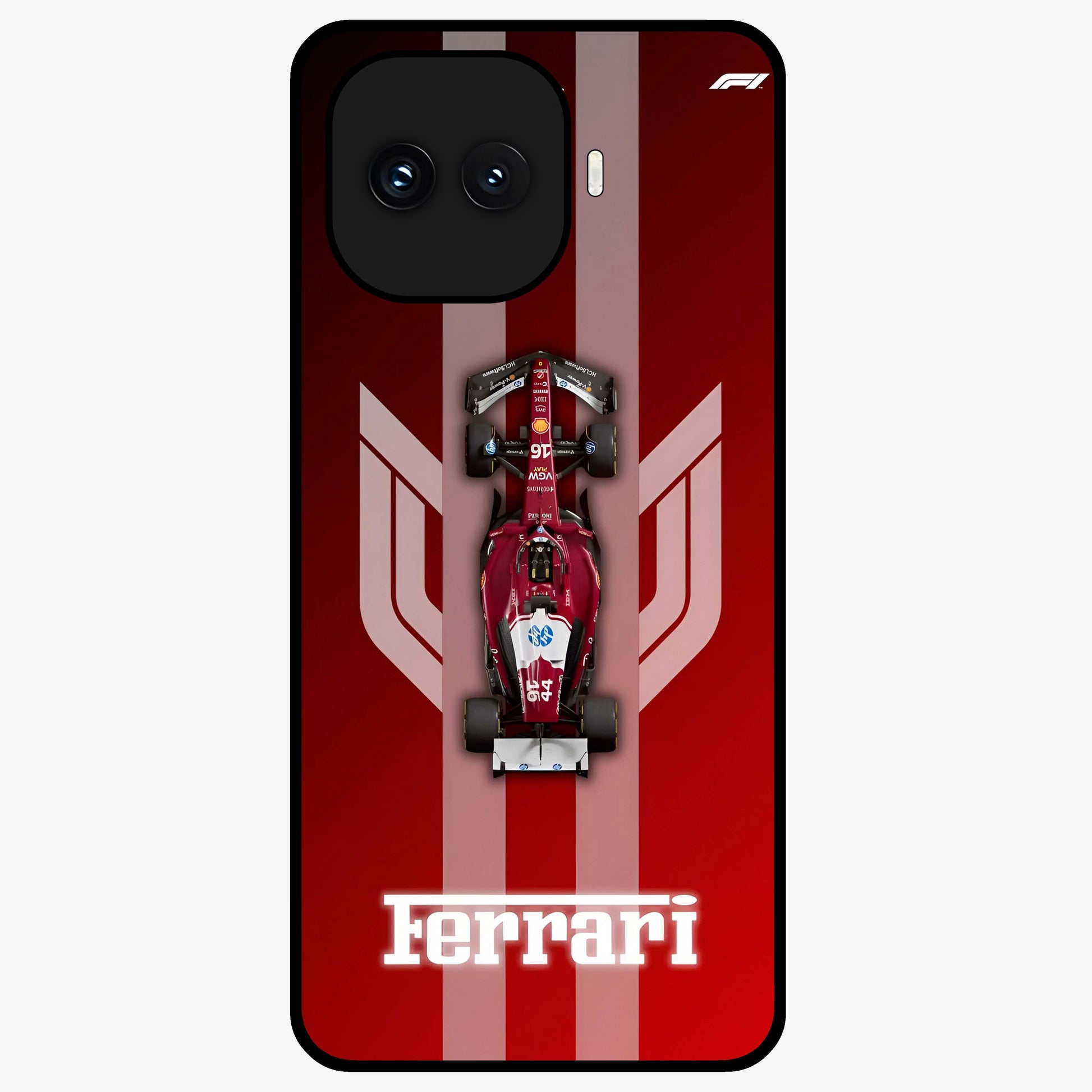 Red Ferrari F1 Vertical Glass Case showing flat back view with sleek Formula racing car artwork and glossy glass finish.