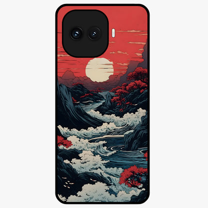 Red Sunset Scenery Glass Case showing flat back view with vibrant sunset landscape artwork and glossy glass finish.