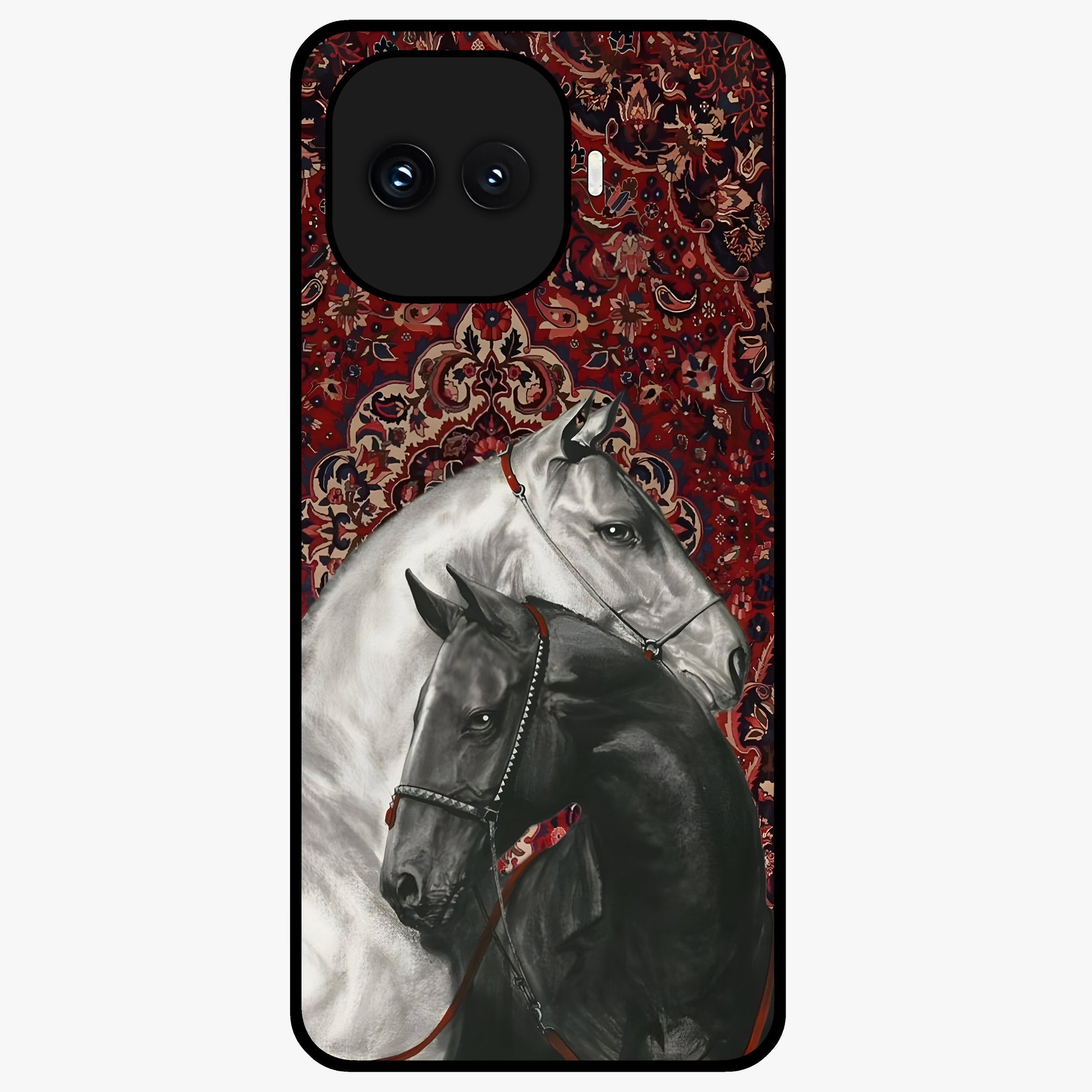 Regal Stallion Tapestry Glass Case showing flat back view with majestic horse tapestry artwork and glossy glass finish.