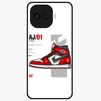 Retro Sneaker Blueprint Glass Case showing flat back view with sneaker blueprint style artwork and glossy glass finish.