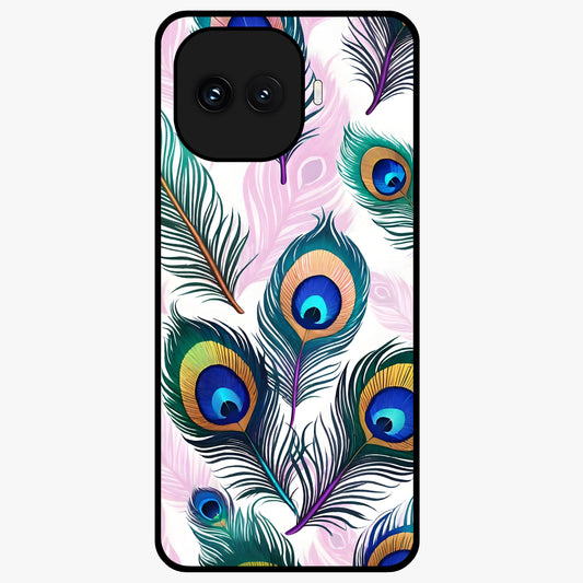 Royal Peacock Feathers Glass Case showing flat back view with colorful peacock feather artwork and glossy glass finish.