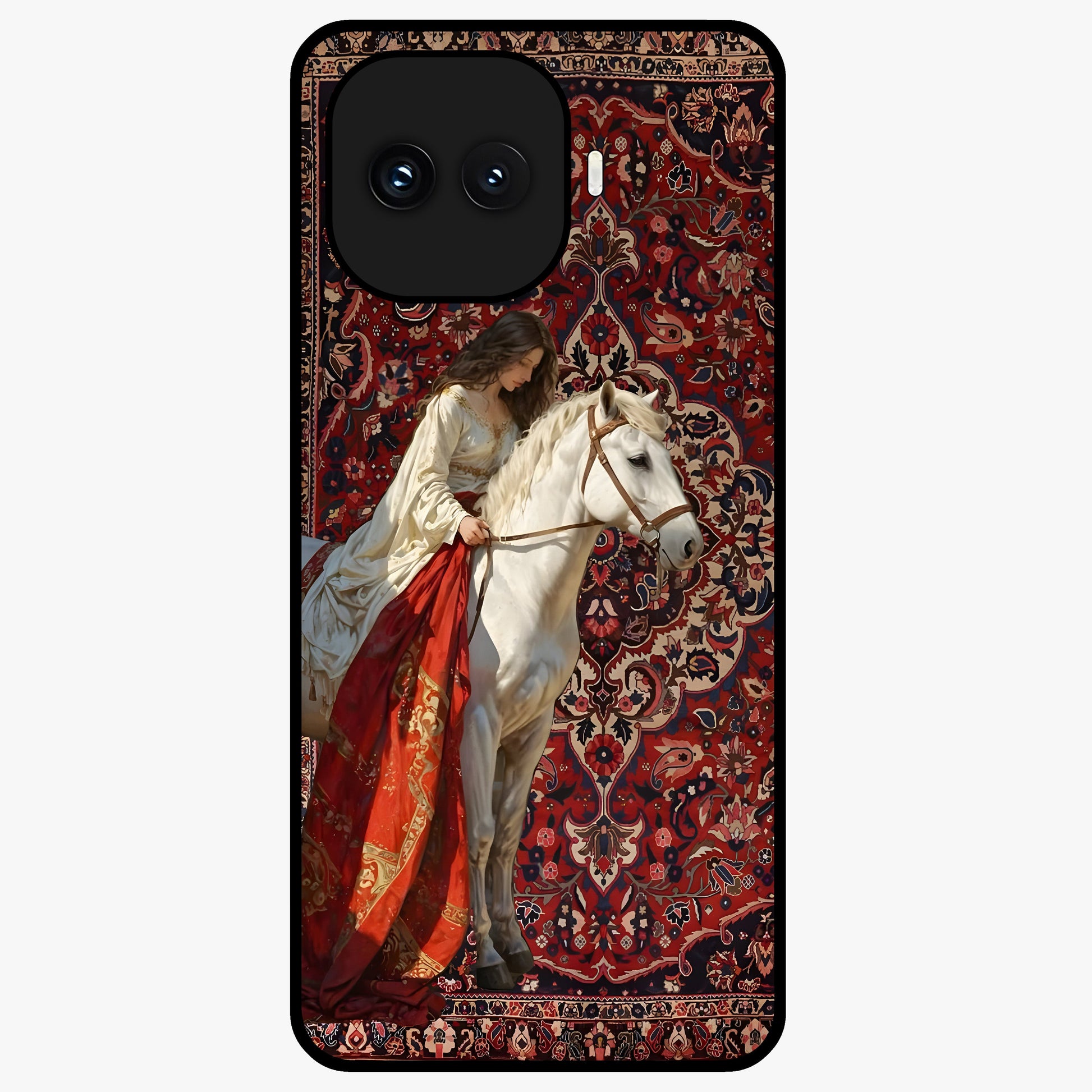 Royal Rider Tapestry Glass Case showing flat back view with majestic horse rider tapestry artwork and glossy glass finish.