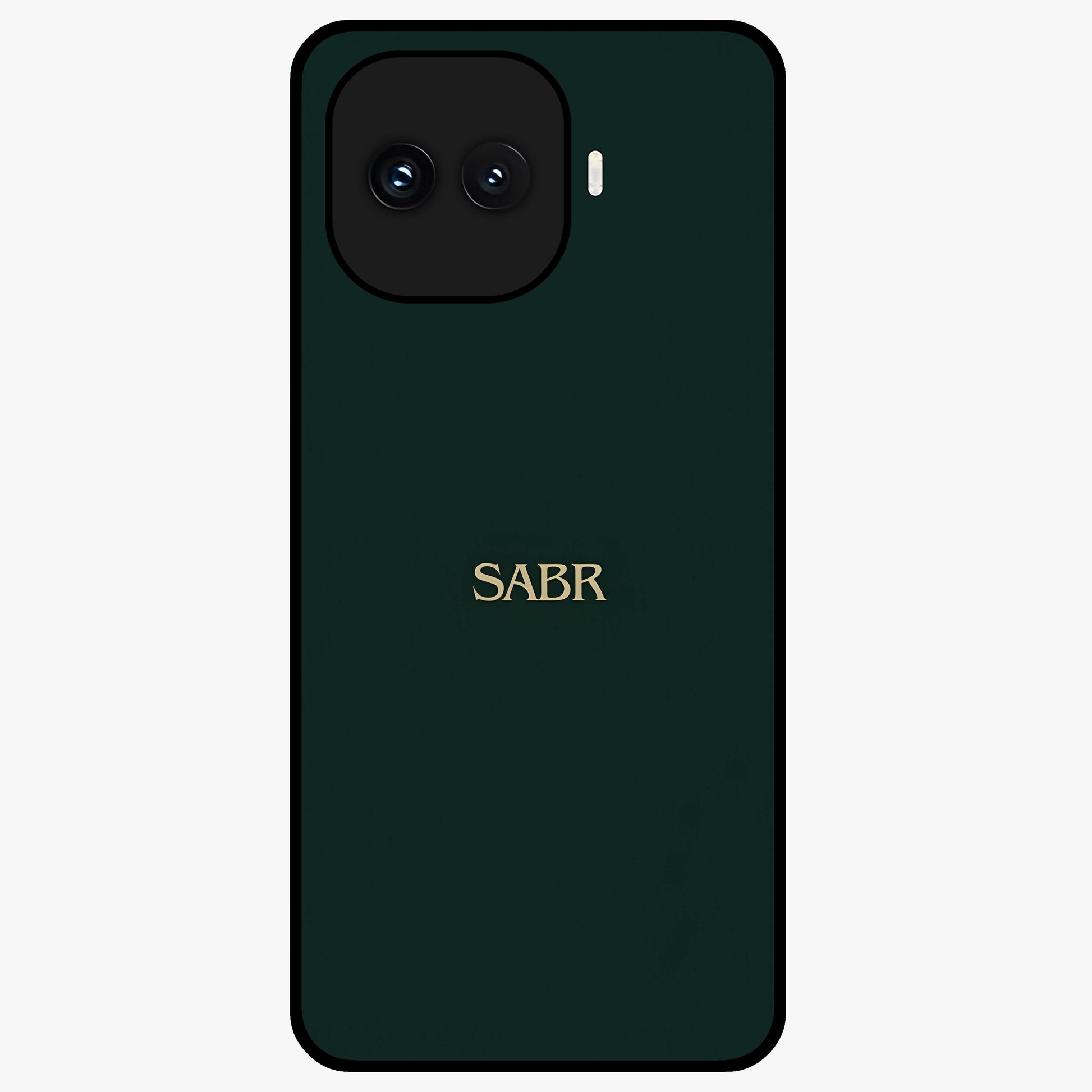 Sabr Minimal Patience Glass Case showing flat back view with minimalist typography artwork and glossy glass finish.