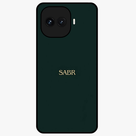 Sabr Minimal Patience Glass Case showing flat back view with minimalist typography artwork and glossy glass finish.