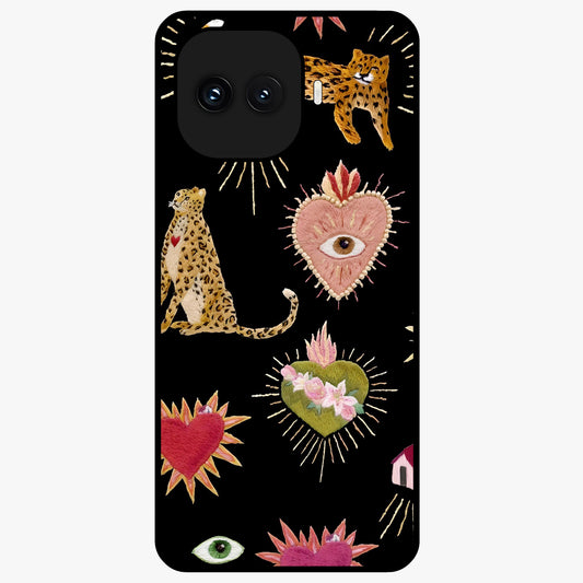 Sacred Jungle Heart Glass Case showing flat back view with jungle inspired heart artwork and glossy glass finish.