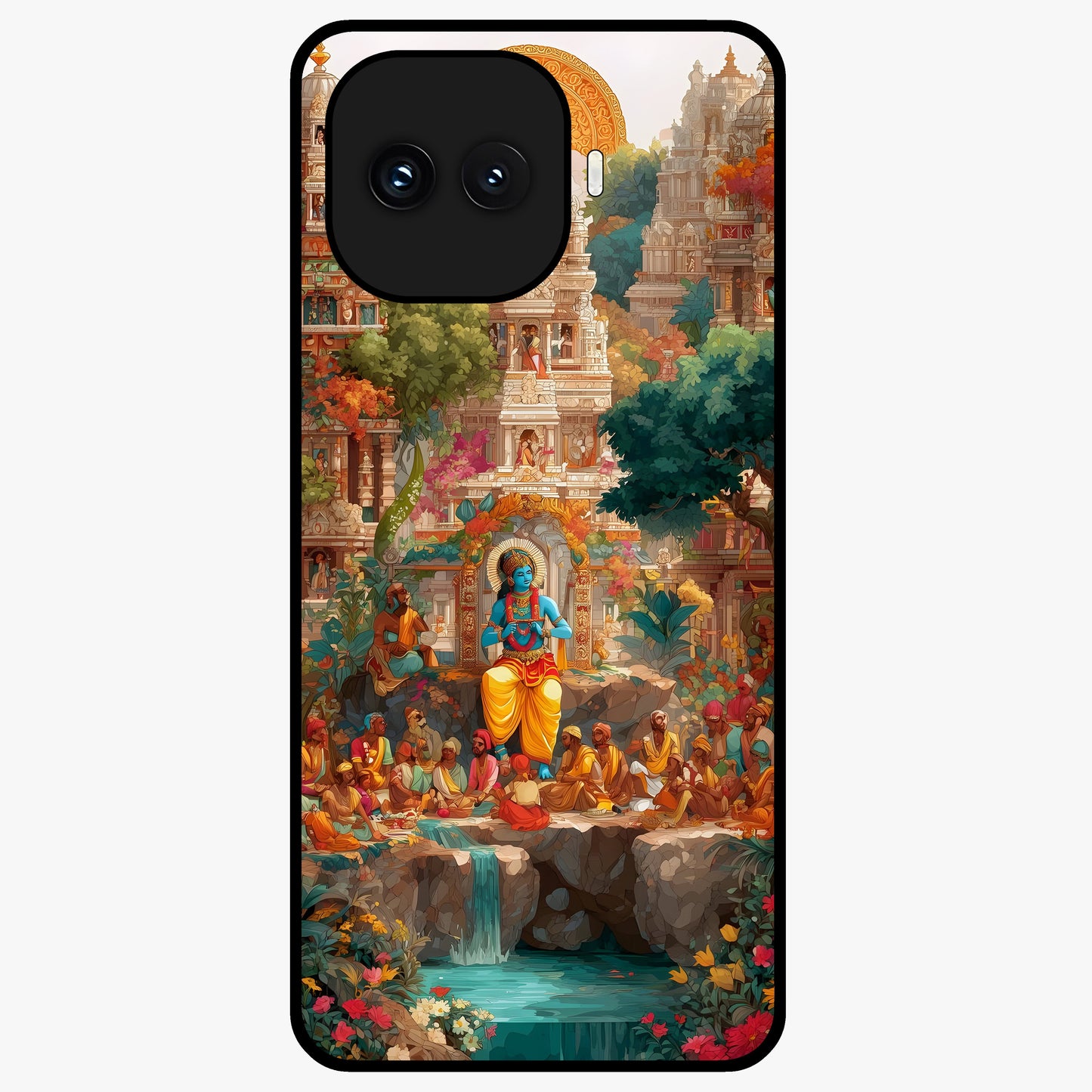 Sacred Sunlight Gods Glass Case showing flat back view with divine sunlight themed artwork and glossy glass finish.