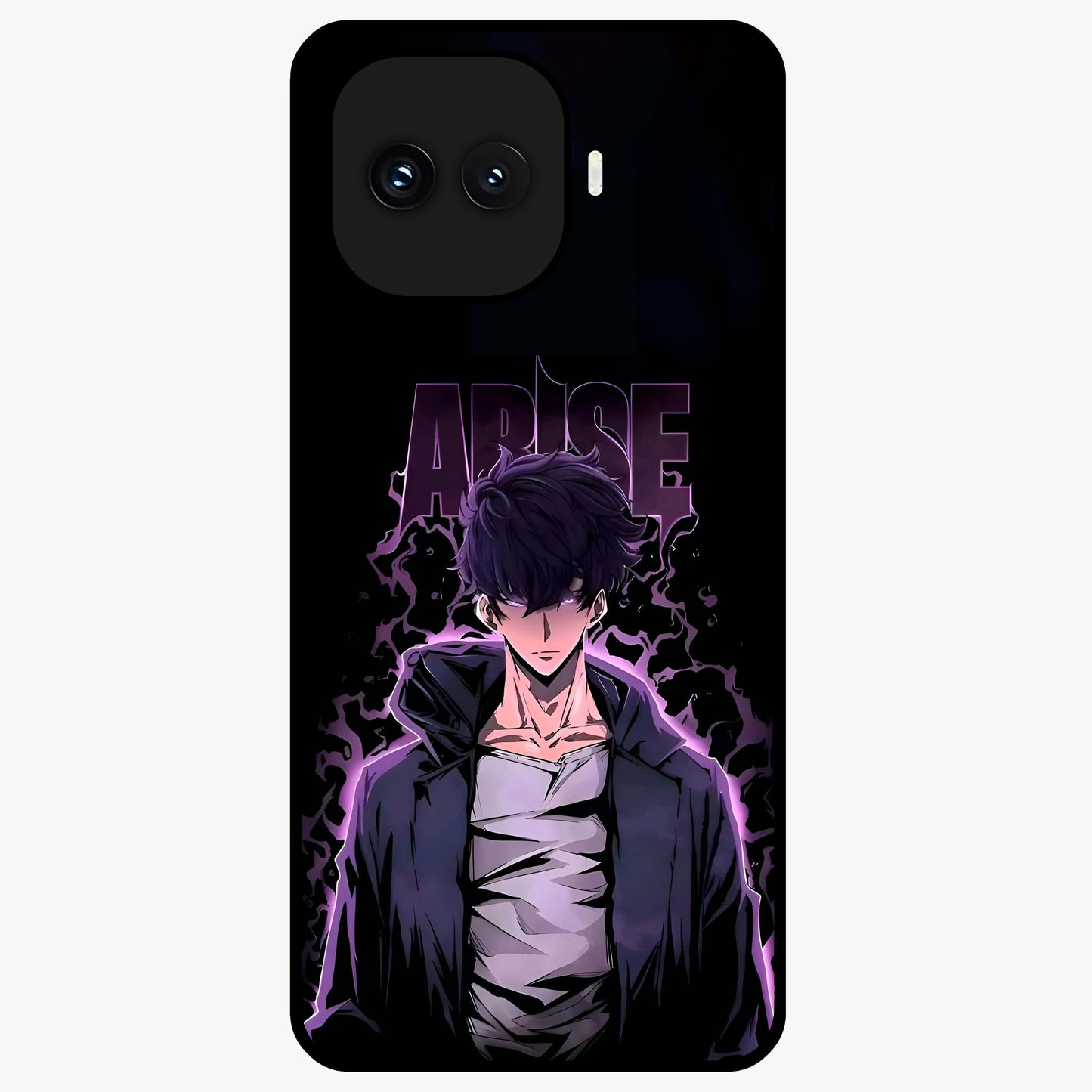 Shadow Monarch Awakening Glass Case showing flat back view with powerful dark monarch themed artwork and glossy glass finish.
