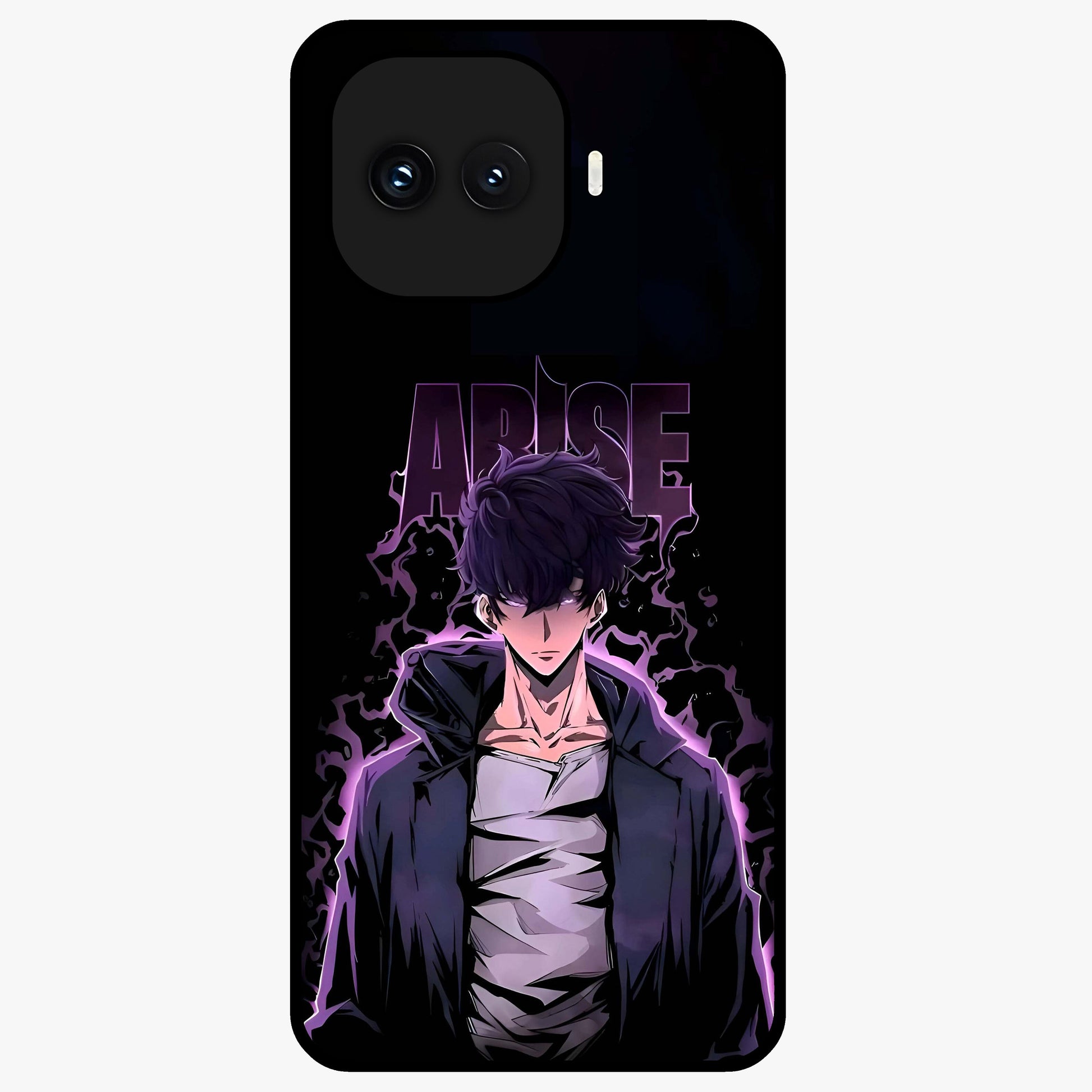 Shadow Monarch Awakening Glass Case showing flat back view with powerful dark monarch themed artwork and glossy glass finish.