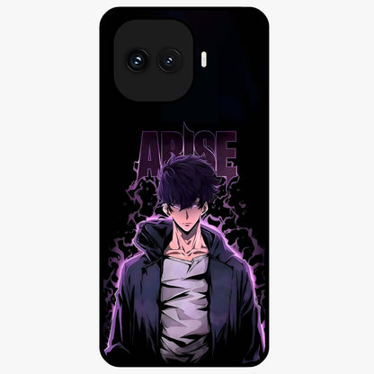 Shadow Monarch Awakening Glass Case showing flat back view with powerful dark monarch themed artwork and glossy glass finish.