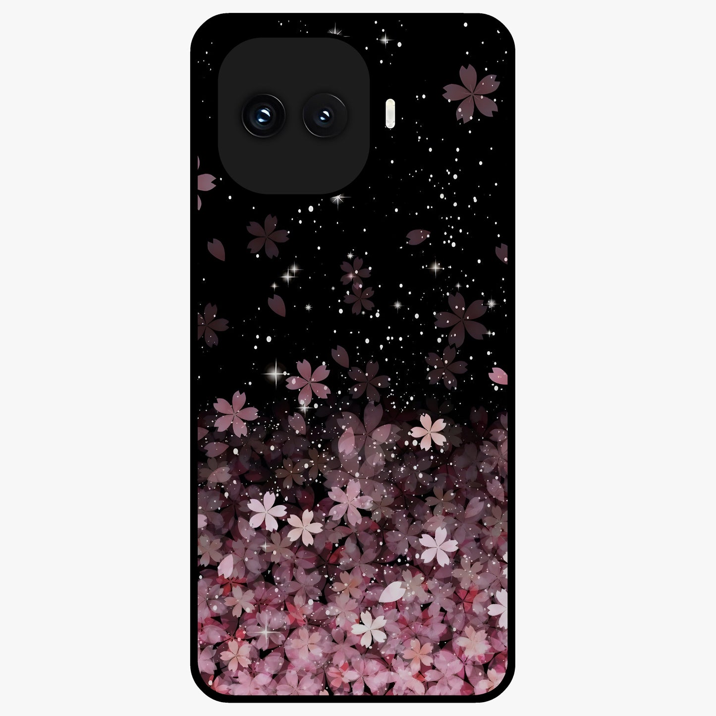 Small Starry Flowers Glass Case showing flat back view with delicate starry floral artwork and glossy glass finish.