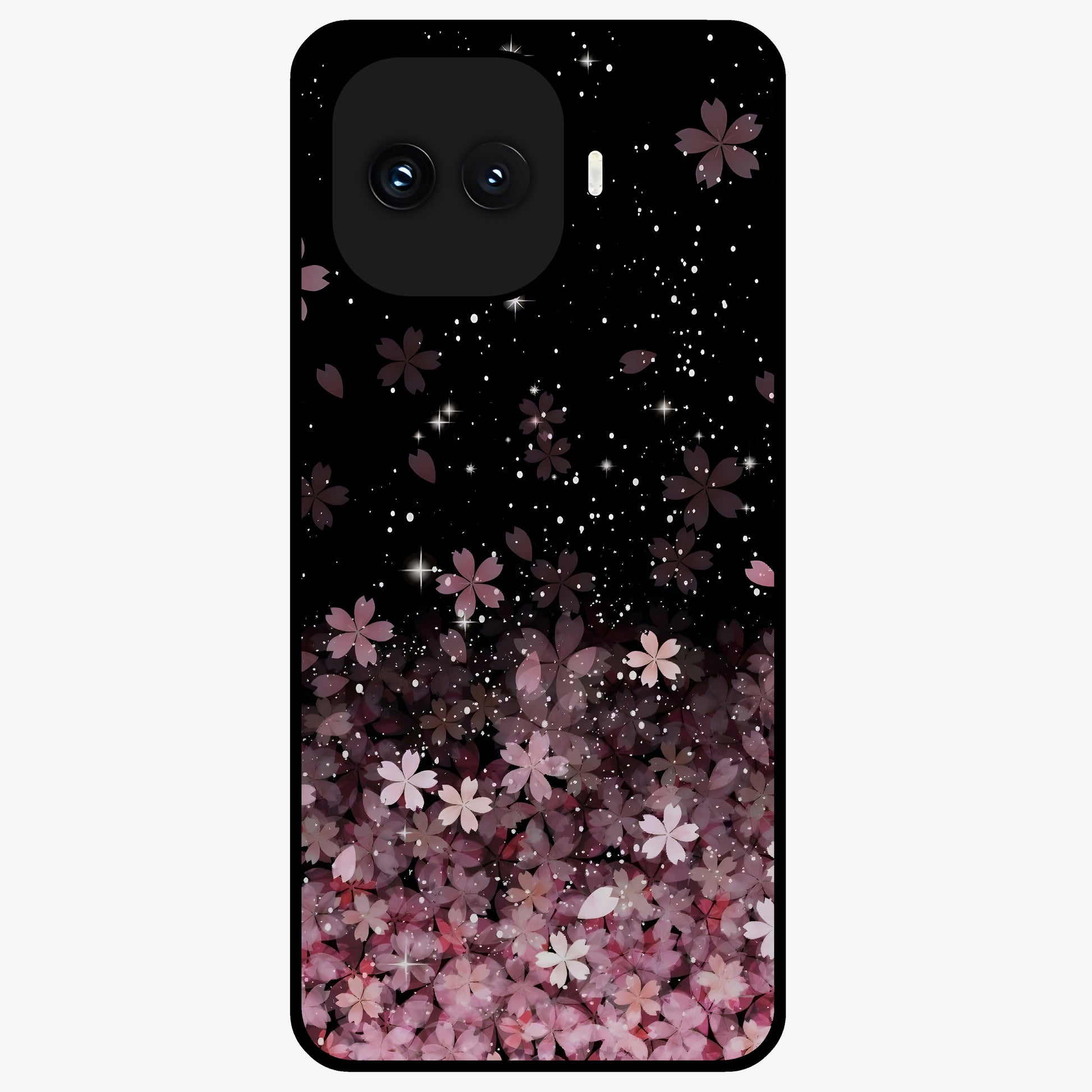 Small Starry Flowers Glass Case showing flat back view with delicate starry floral artwork and glossy glass finish.
