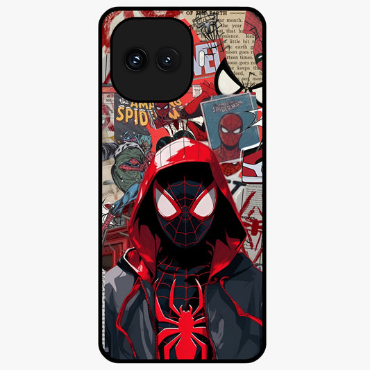 Spider Collage Street Glass Case showing flat back view with vibrant superhero collage artwork and glossy glass finish.