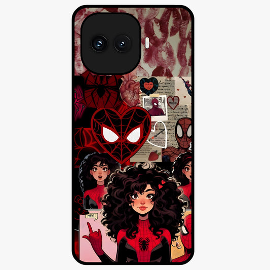 Spider Love Story Glass Case showing flat back view with romantic superhero themed artwork and glossy glass finish.