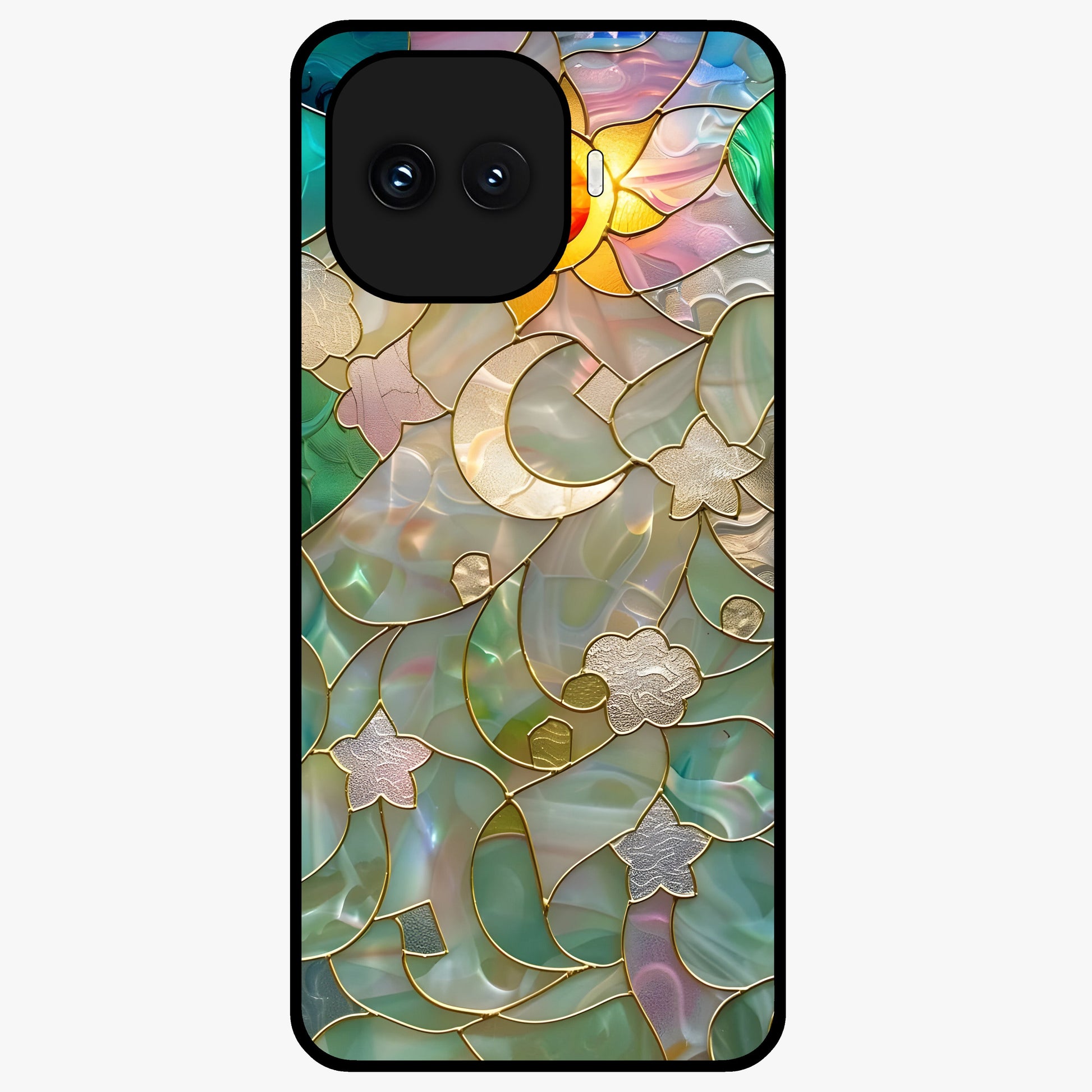 Stained Sunrise Glow Glass Case showing flat back view with glowing sunrise stained pattern artwork and glossy glass finish.