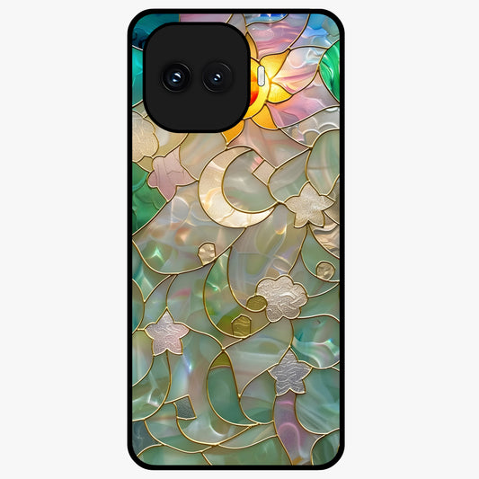 Stained Sunrise Glow Glass Case showing flat back view with glowing sunrise stained pattern artwork and glossy glass finish.