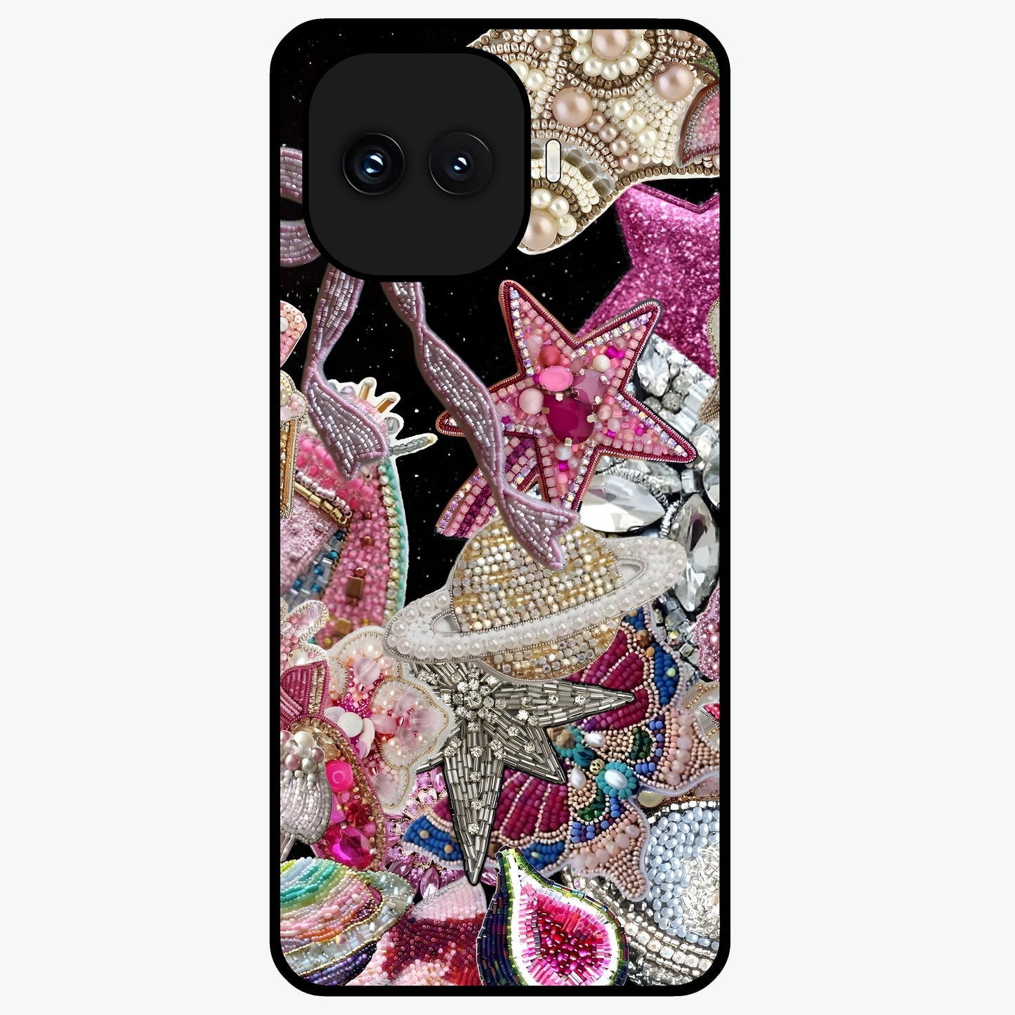 Starlit Jewel Dream Glass Case showing flat back view with sparkling jewel and star themed artwork and glossy glass finish.