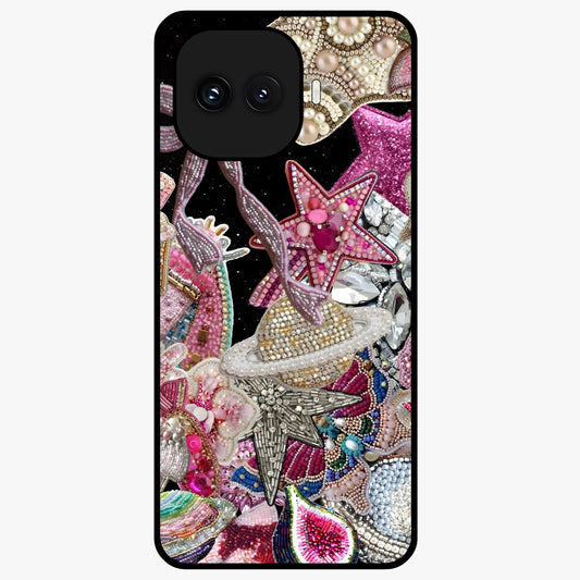 Starlit Jewel Dream Glass Case showing flat back view with sparkling jewel and star themed artwork and glossy glass finish.