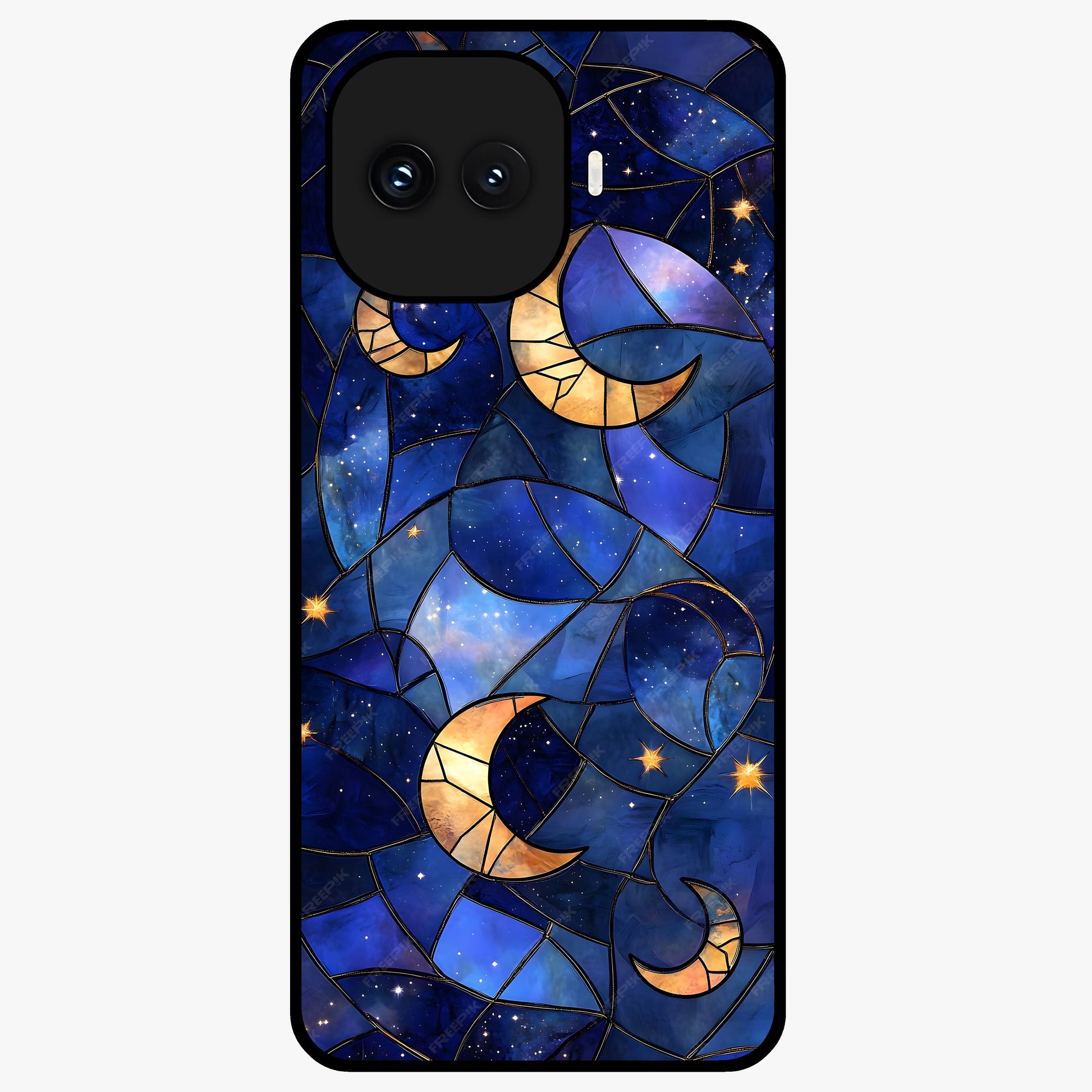 Starlit Sky Tapestry Glass Case showing flat back view with decorative starry sky tapestry artwork and glossy glass finish.