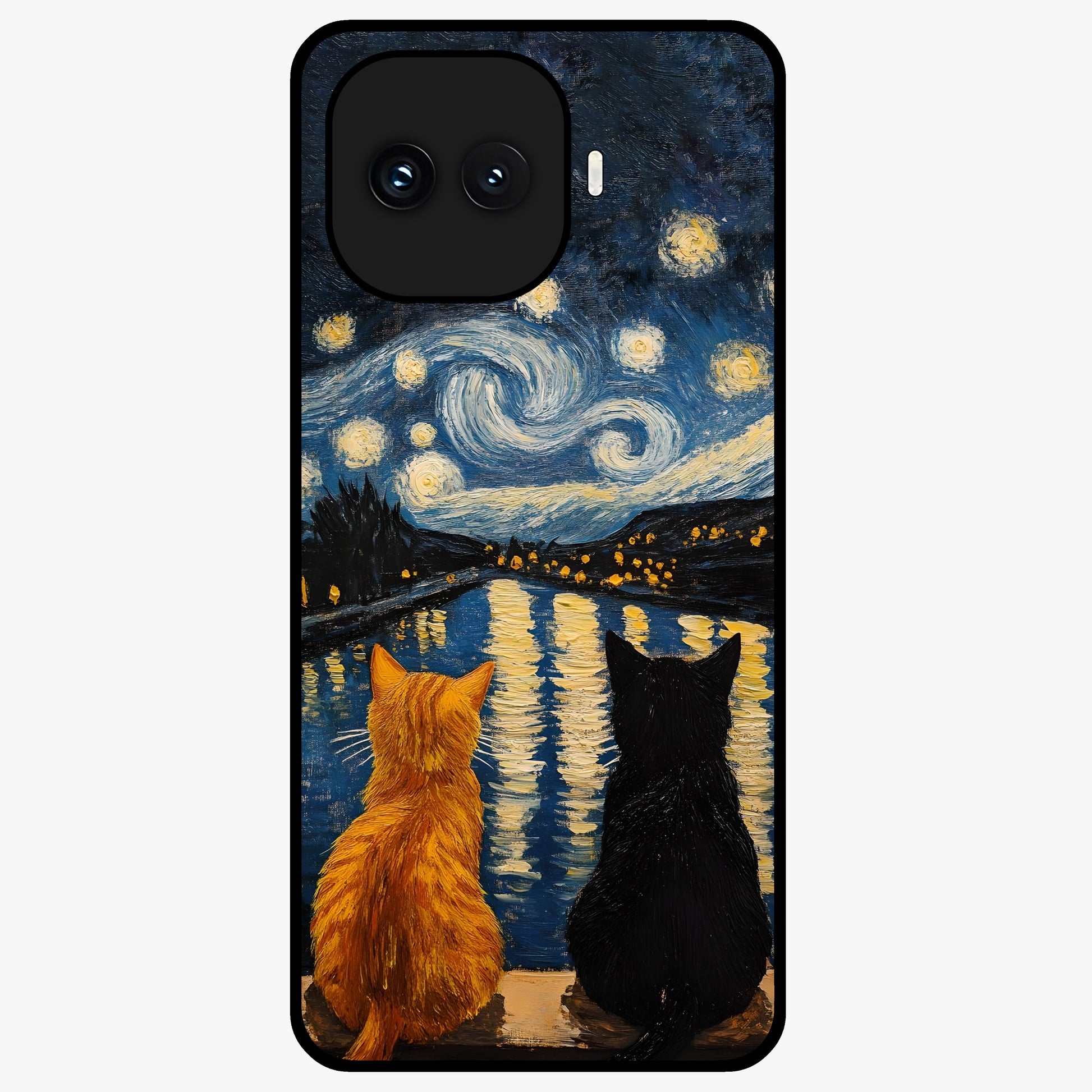 Starry River Cats Glass Case showing flat back view with cats by a starry river artwork and glossy glass finish.