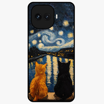 Starry River Cats Glass Case showing flat back view with cats by a starry river artwork and glossy glass finish.