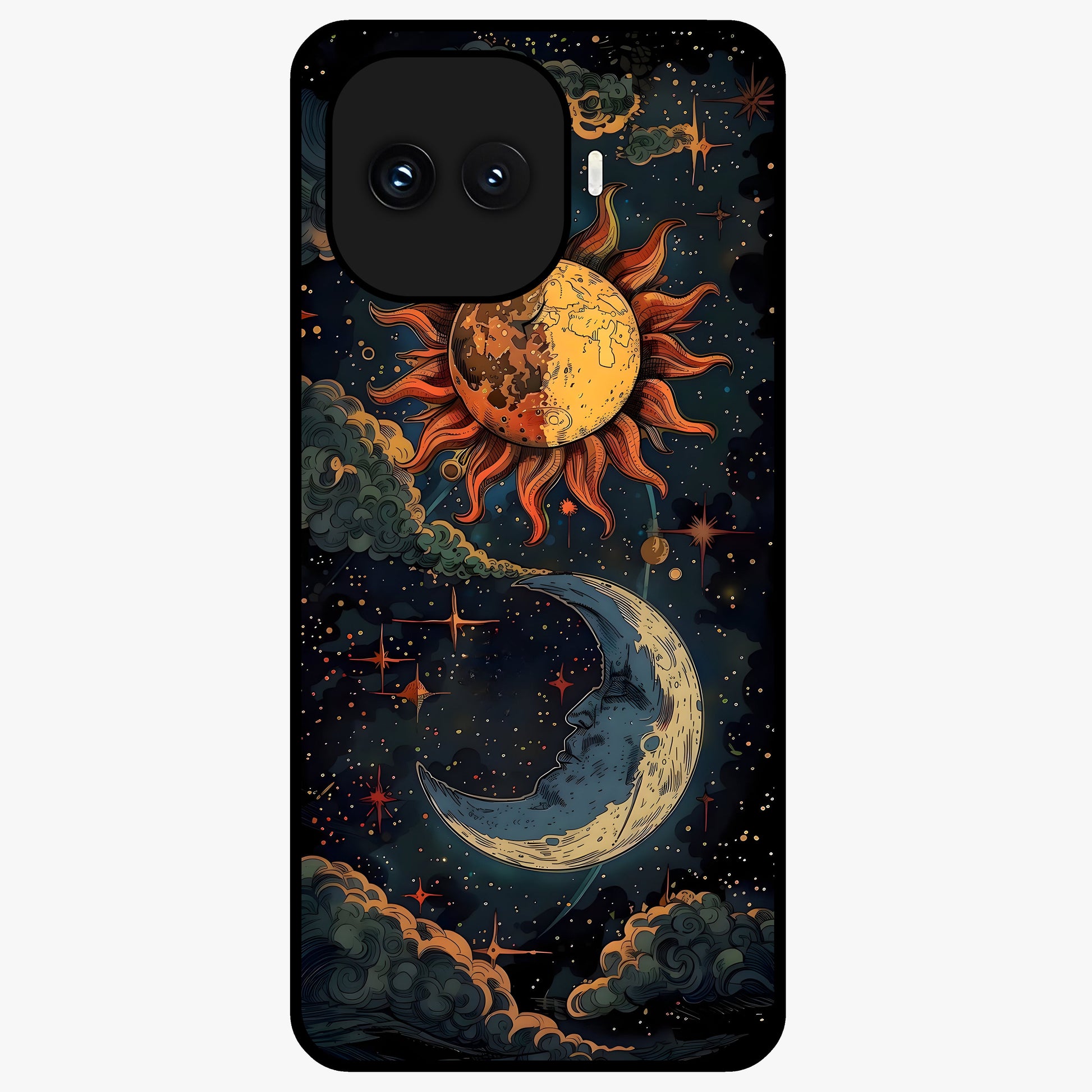 Sun And Moon Magic Design Glass Case showing flat back view with mystical sun and moon artwork and glossy glass finish.