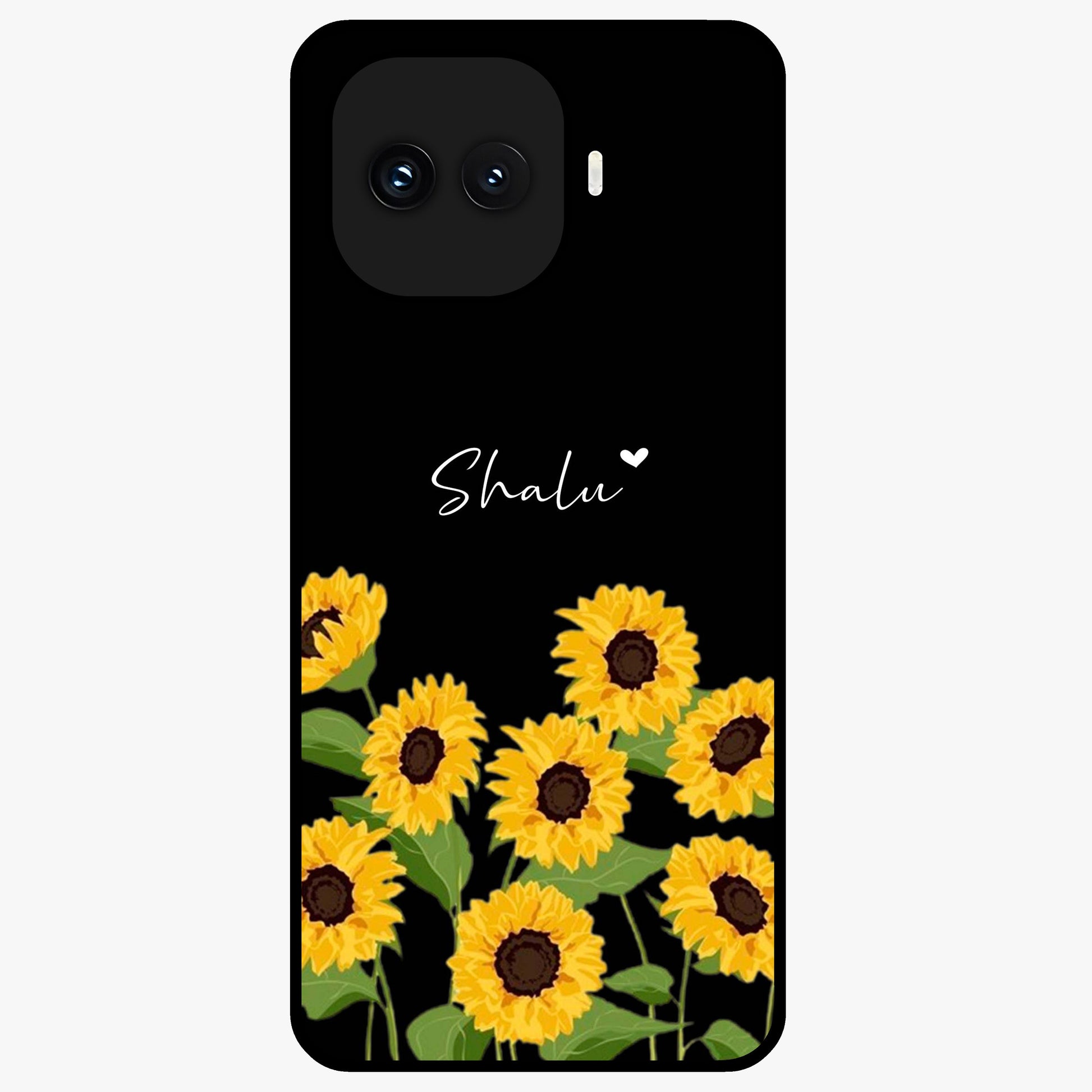 Sunflower Chic Mood Custom Name Glass Case showing flat back view with stylish sunflower artwork and personalized name design.