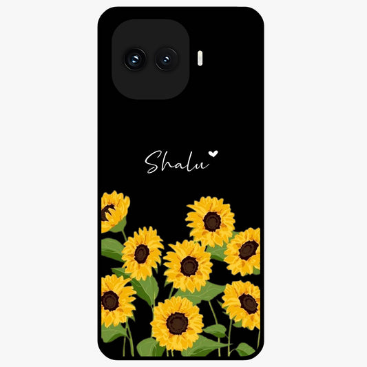 Sunflower Chic Mood Custom Name Glass Case showing flat back view with stylish sunflower artwork and personalized name design.