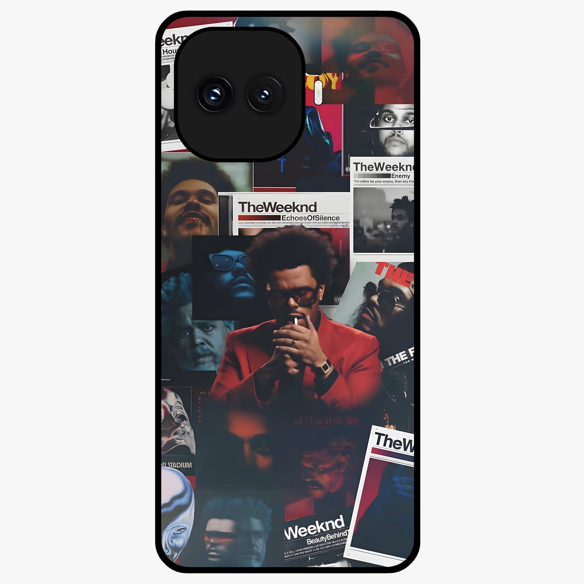 The Weeknd Glass Case showing flat back view with music inspired artistic portrait artwork and glossy glass finish.