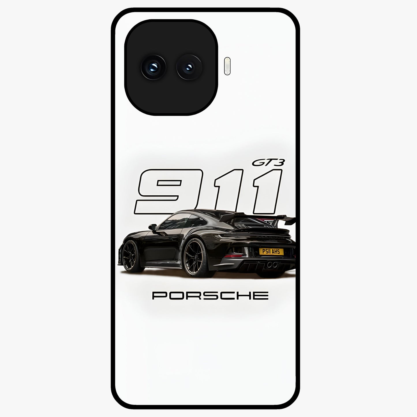 Turbo Legacy Icon Glass Case showing flat back view with iconic sports car inspired artwork and glossy glass finish.