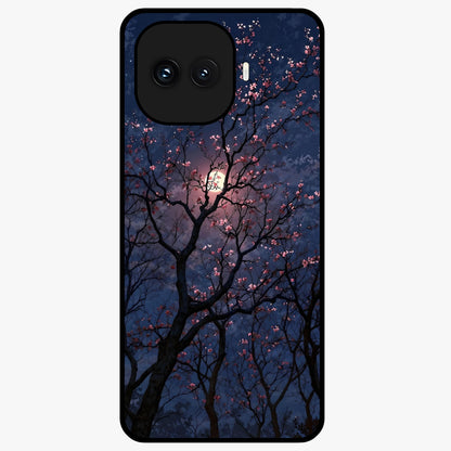 Twilight Sakura Serenade Glass Case showing flat back view with cherry blossom artwork at twilight and glossy glass finish.