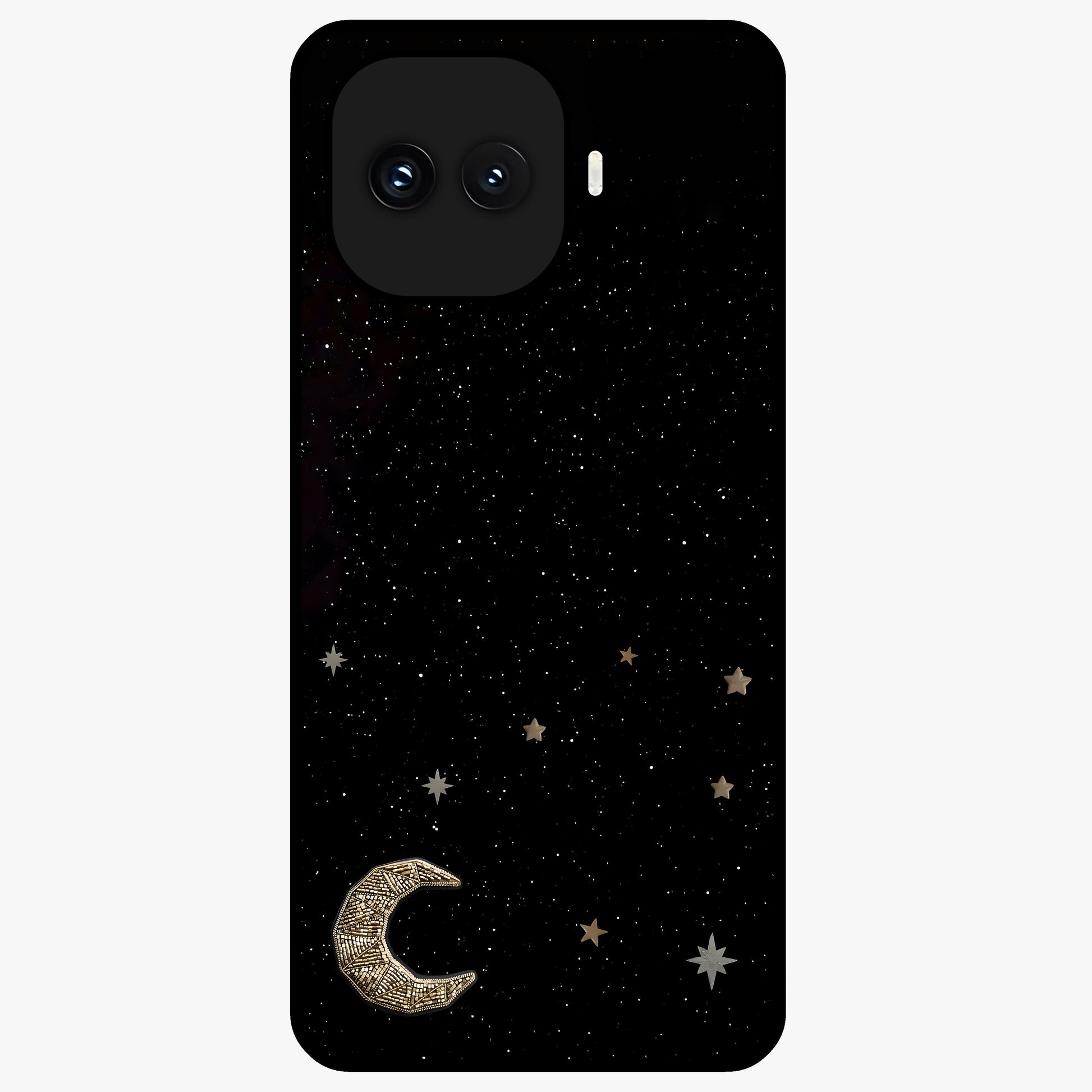 Twinkle Star With Half Moon Glass Case showing flat back view with star and half moon artwork and glossy glass finish.