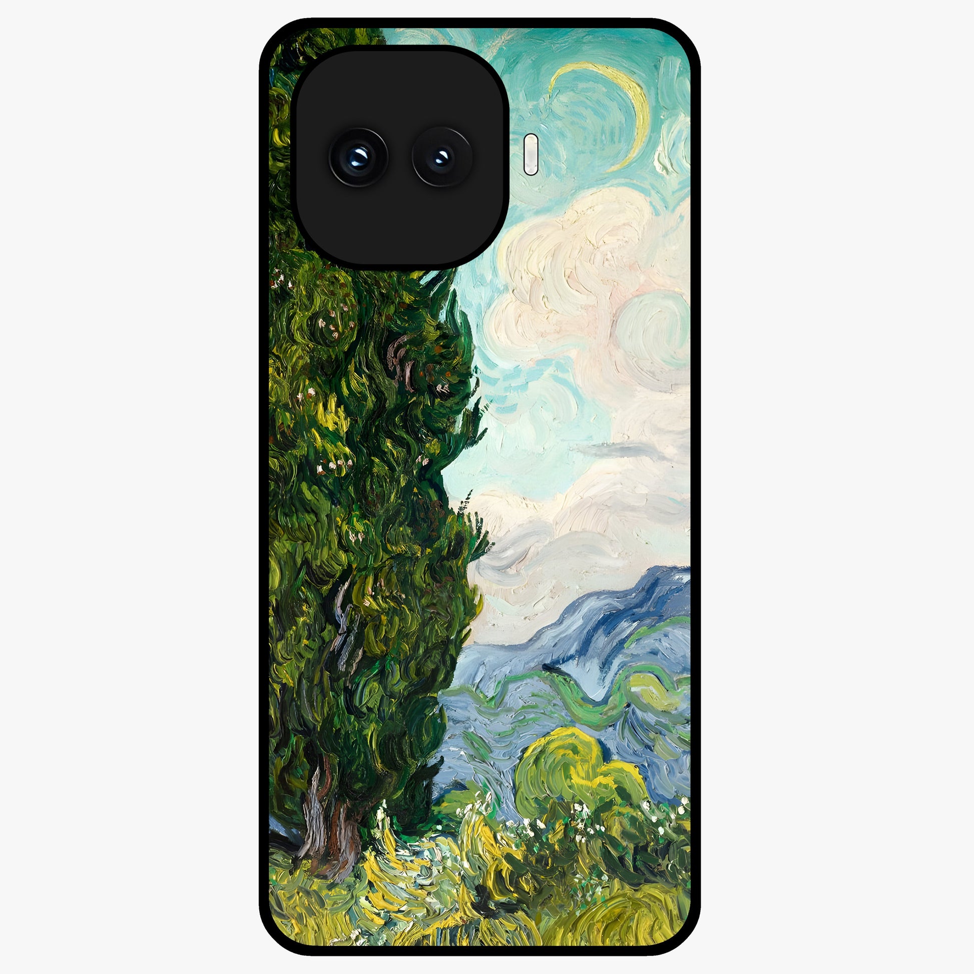 Van Gogh Vintage Art Glass Case showing flat back view with vintage painterly artwork inspired by Van Gogh style and glossy glass finish.