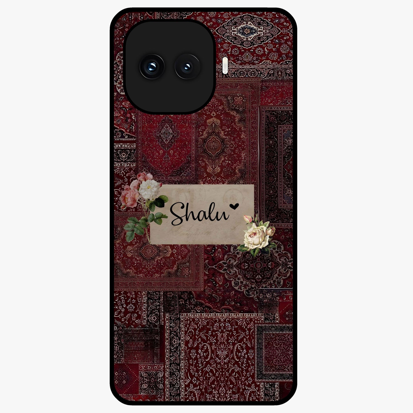 Velvet Wine Pattern Custom Name Glass Case showing flat back view with elegant wine colored pattern artwork and personalized name design.