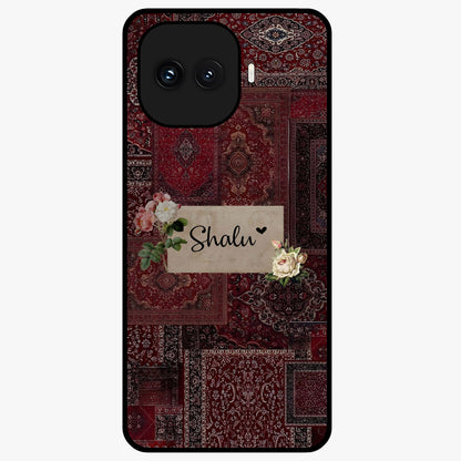 Velvet Wine Pattern Custom Name Glass Case showing flat back view with elegant wine colored pattern artwork and personalized name design.