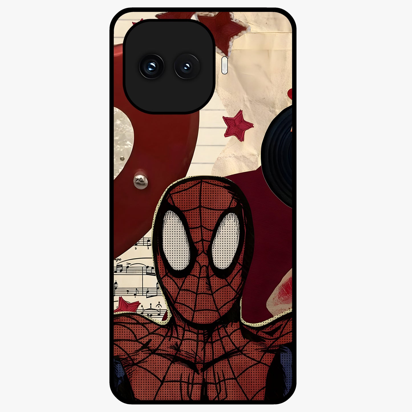 Web Warrior Vibes Glass Case showing flat back view with superhero inspired web themed artwork and glossy glass finish.