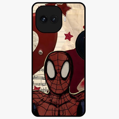 Web Warrior Vibes Glass Case showing flat back view with superhero inspired web themed artwork and glossy glass finish.