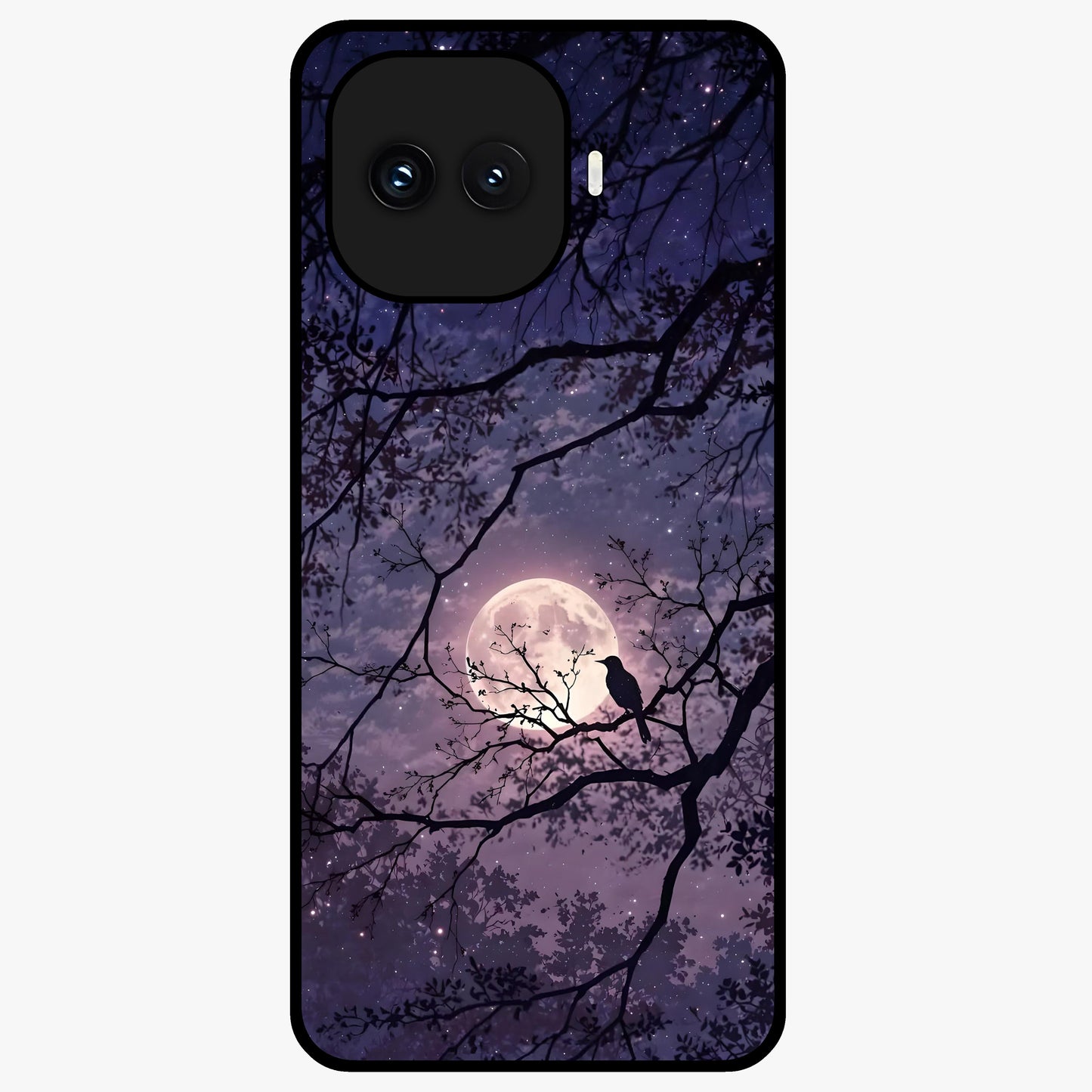 Whispering Moon Silence Glass Case showing flat back view with serene moon themed artwork and glossy glass finish.