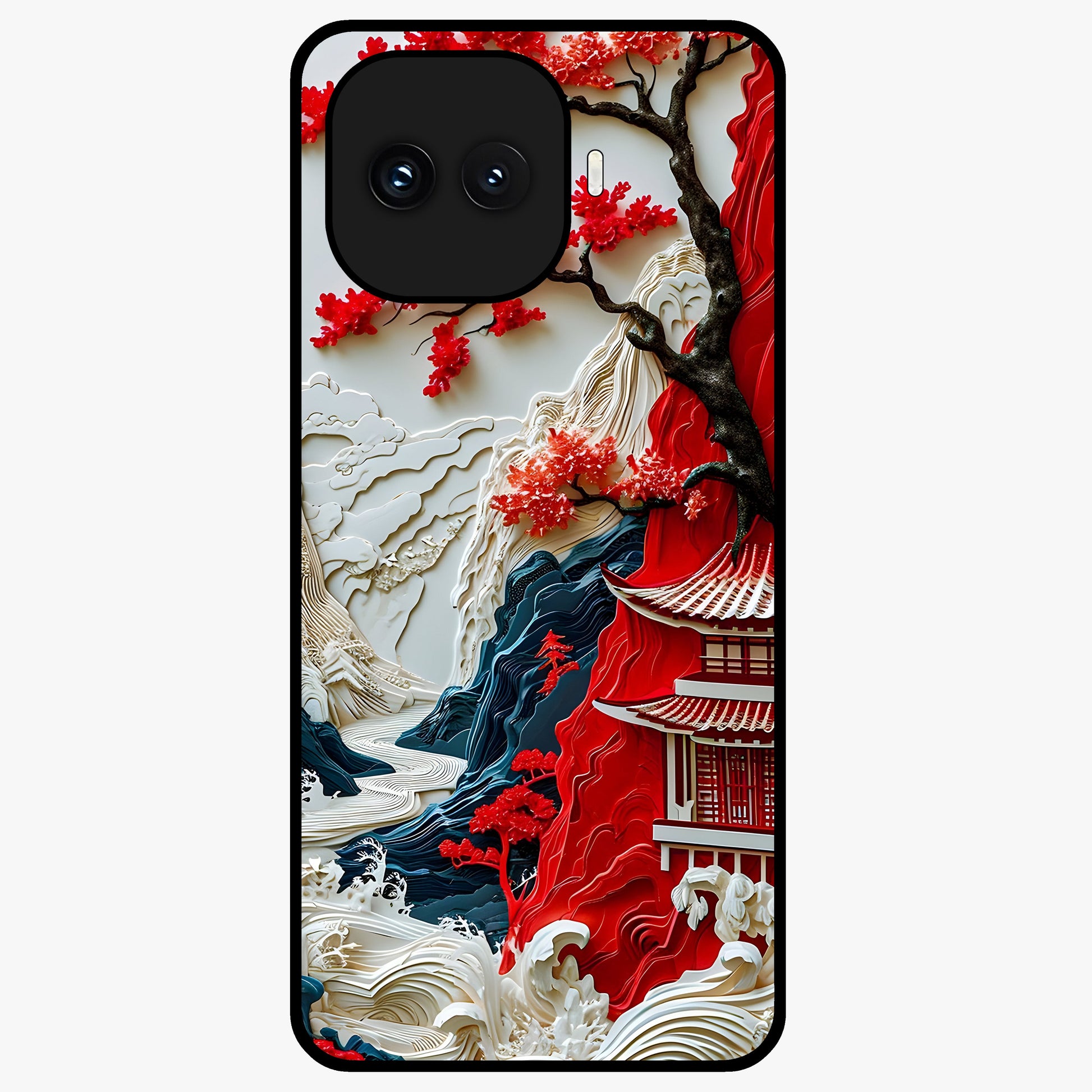 Whispers Of Sakura Waves Glass Case showing flat back view with cherry blossom wave artwork and glossy glass finish.