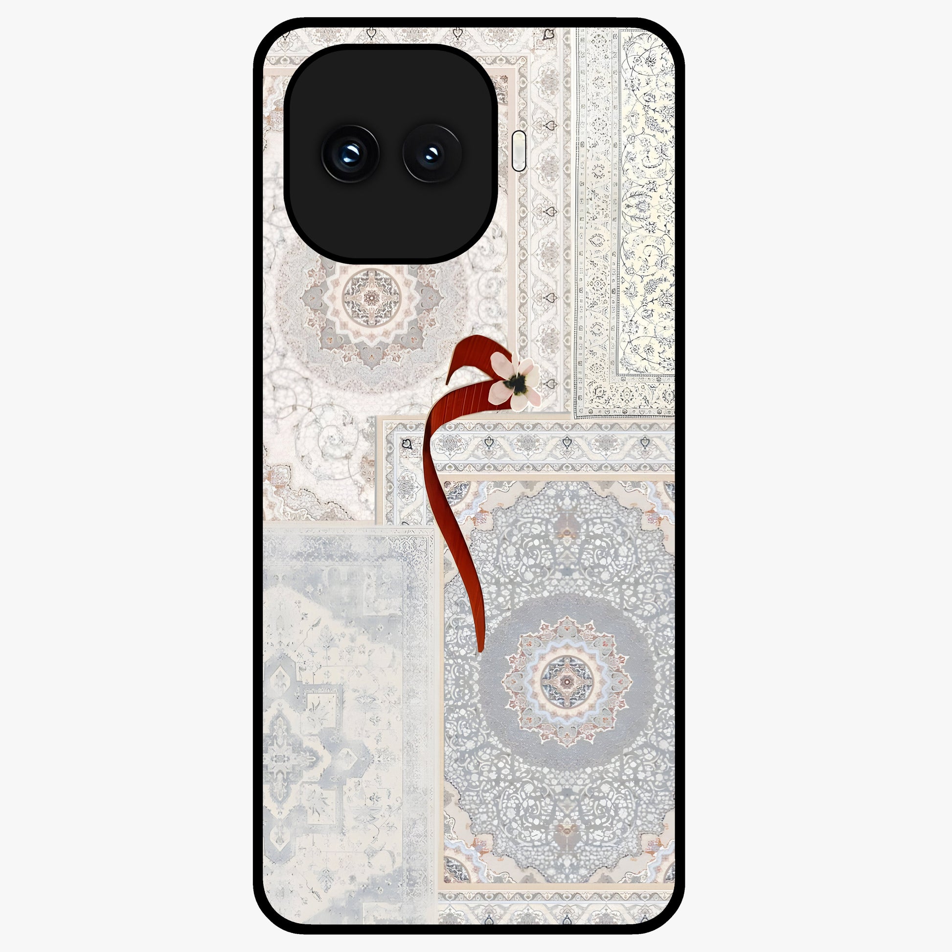 White Aesthetic Bow Glass Case showing flat back view with minimal bow artwork and glossy glass finish.